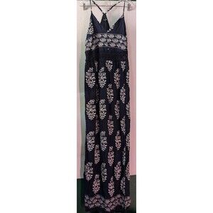 Fashion Nova Maxi Cutout Dress Size 1x Blue White Floral Flowy Front Slit (960D)